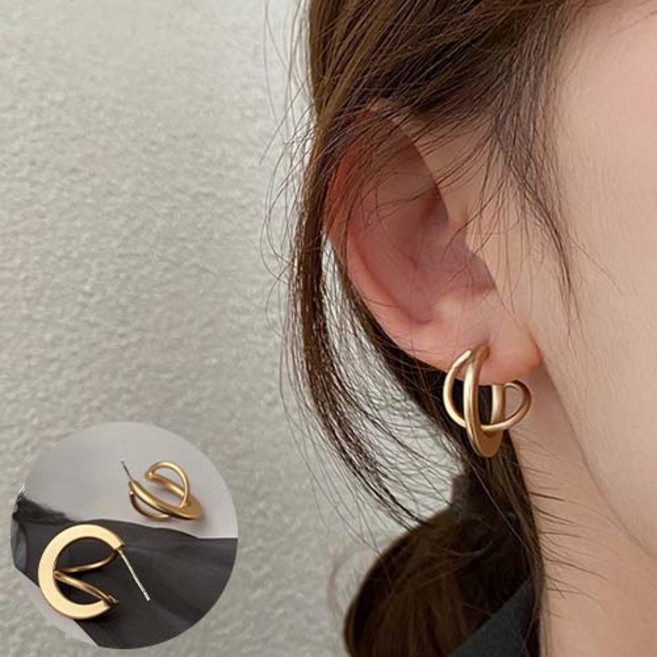 여성 유니크 무광 골드 더블 링 귀걸이 A1284