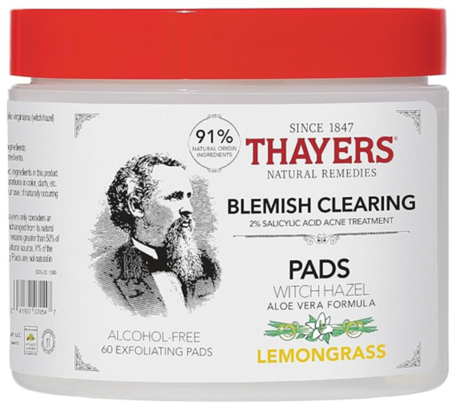 Thayers 세이어스 블레미쉬 클리어링 살리실산 토너 패드 60개 수분 케어 진정 알코올 프리 민감피부 지성, 1개