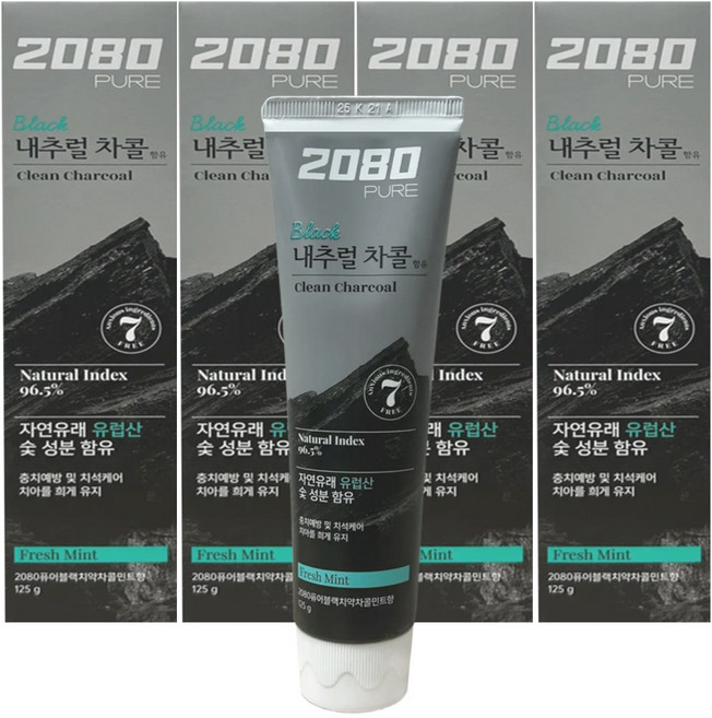 2080 퓨어 블랙 차콜민트 치약, 4개, 125g