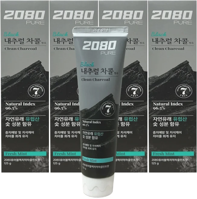2080 퓨어 블랙 차콜민트 치약, 4개, 125g - 쿠팡