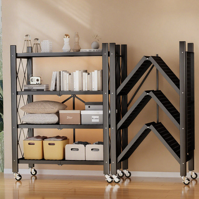 Tiger Pavilion 3단4단5단원터치 접이식 이동가능 철제 스탠드 선반, 4단, 블랙