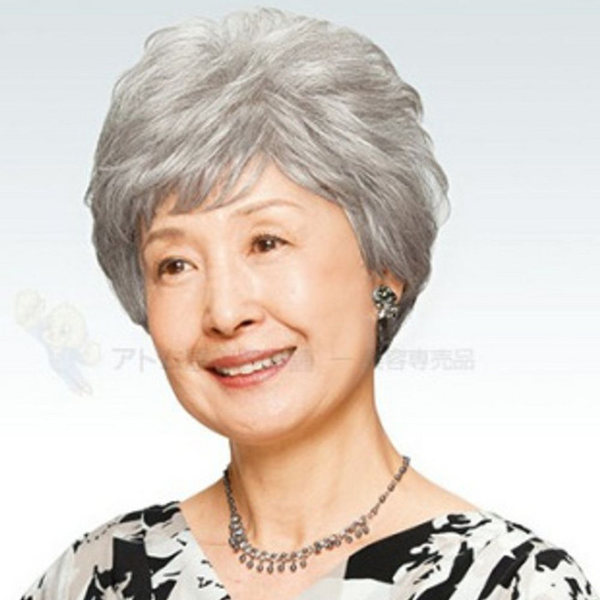 할머니 무대 공연 가발 짧은 스트레이트 회색 백발, 1개, 은백색+헤어네트