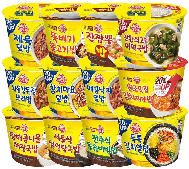오뚜기컵밥 12종 진한쇠고기미역국밥+원조맛집김치찌개밥+톡톡김치알밥+진짬뽕밥+매콤낙지덮밥+전주식돌솥비빔밥+뚝배기불고기밥+참치마요덮밥+서울식설렁탕국밥+제육덮밥+차돌강된장보리밥+황태콩나, 1개