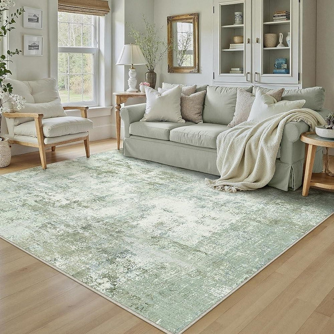 WondRg 8x10 Washable Area Rug Beige Grey Abstract Living Room Bedroom Carpet Neutral Modern Non Sl, 연한 녹색