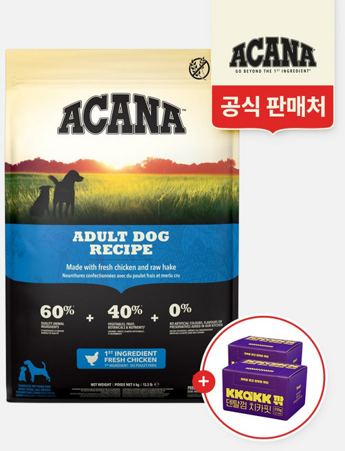 아카나 어덜트 레시피 독 6kg+깎 치카핏 덴탈껌 30개입X2개, 1개, 6kg, 닭