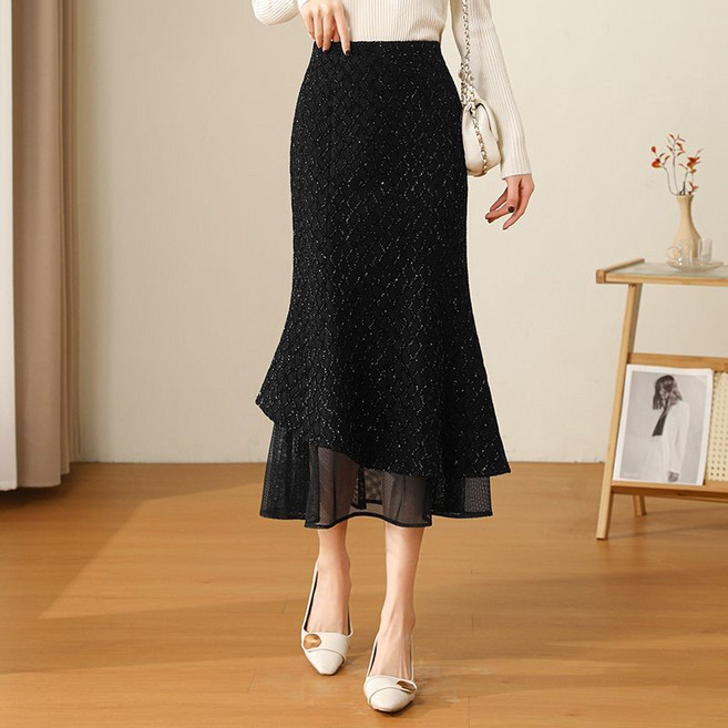 COSYEVNO 여성 샤이닝 하이웨스트 미디 머메이드 스커트