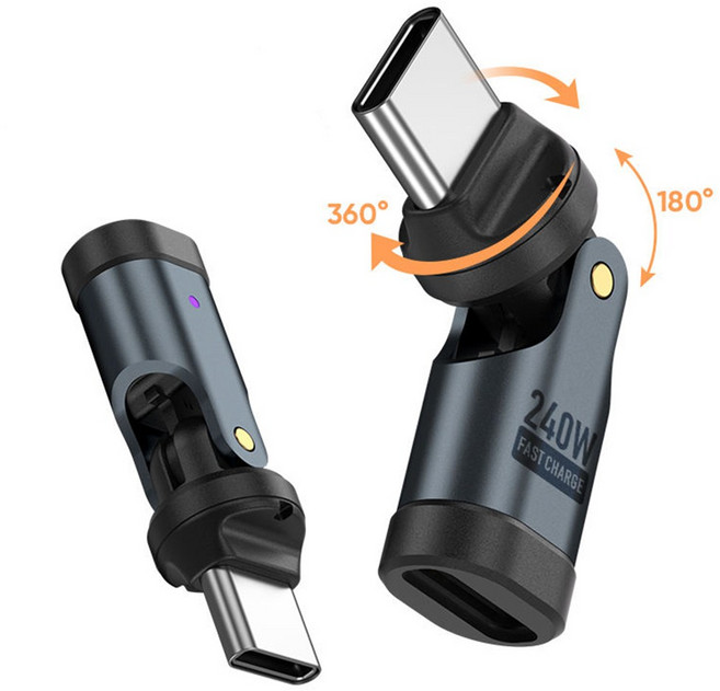 C타입 회전 충전 젠더 540도 꺾임 방지 연장 어댑터 고속충전 포트 보호 게임 침대 사용 스마트폰 태블릿 USB C 변환 커넥터 360도 회전 침대 책상 게이밍, 1개, 메탈블랙