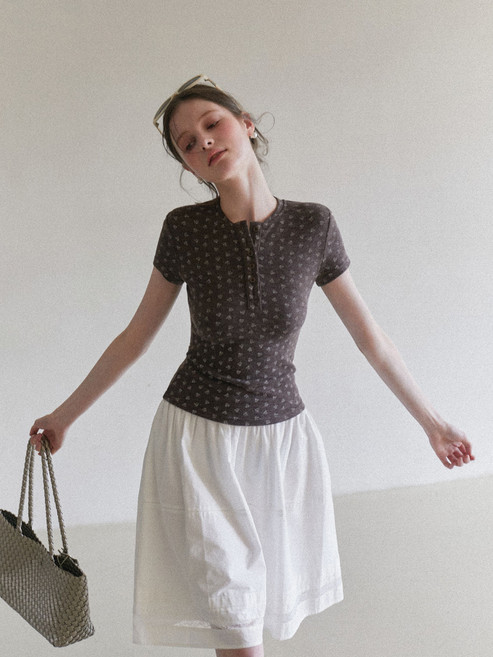 短袖t恤女裝夏季韓系碎花亨利衫領上衣