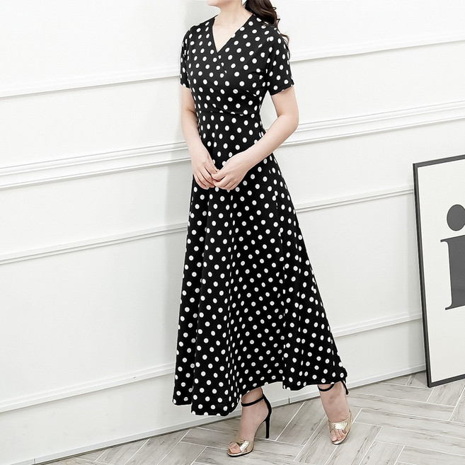 빅사이즈 랩스타일 브이넥 A라인 반팔 롱원피스 V넥 플레어원피스