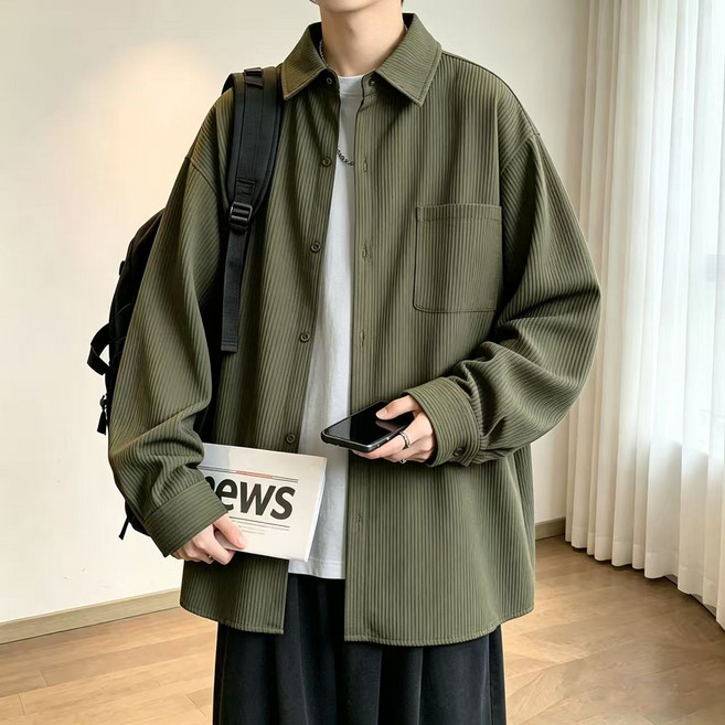 ANYOU 남성 고급 세로 주름 오버핏 셔츠 아우터 캐주얼 셔츠 루즈핏