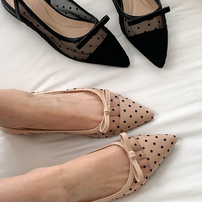 슈카롱 도트 시스루 망사 땡땡이 스틸레토 슬링백샌들 발편한 쿠션창