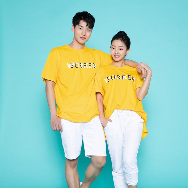 익스트림모션 서퍼 앤 워커 남녀공용 오버핏 반팔티셔츠 surfer & worker / 캐쥬얼룩 로고티셔츠 커플티 옐로우 블랙