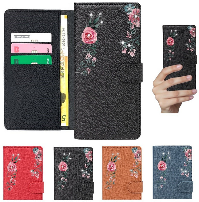 갤럭시 X커버5 케이스 SM-G525N 국내 제조 생산 가죽 해피뉴플 (로즈썸 3D 입체 큐빅 보석 장식) 카드 지폐 수납 포켓 자석 슬림 지갑 커버