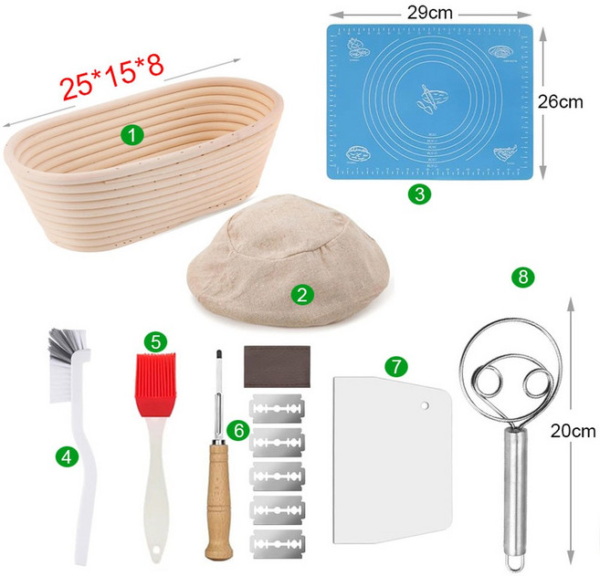 등나무 빵 교정 바구니 타원형 고리 버들 반죽 발효 사워도우 Banneton, 25x15x8 8pcs, with Liner