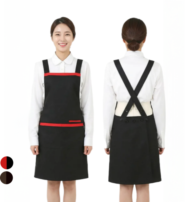 쿡셰프 X형 단추여밈 라인배색 2종 / 심플배색 주방 서빙 앞치마 4종 (택1), 브라운, X형 라인배색, 1개