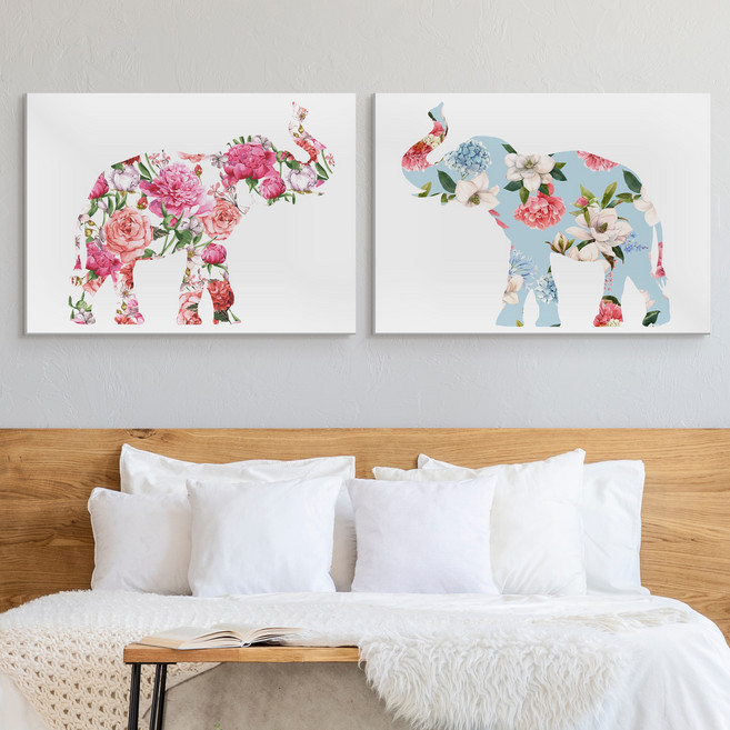 [인메이블] [1+1] 복들어오는 코끼리 그림 액자 신혼부부 인테리어 소품 거실 침실 풍수 집들이선물, 01.SET-분홍하늘