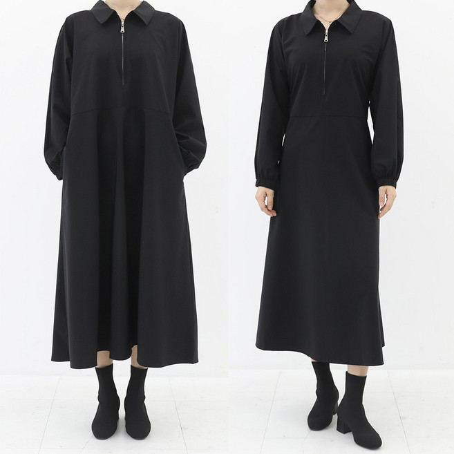 비비진 여성용 편안한 베이직 카라 집업 긴팔 롱 원피스