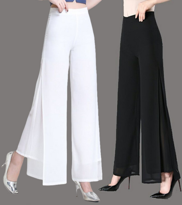 80KG까지 여성 루즈핏 시원한 쉬폰 와이드 일자핏 통 바지 중년 엄마 얇은 옆트임 밴딩 팬츠 빅사아즈