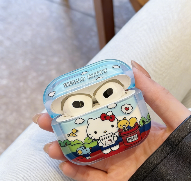 봄나들이 캐릭터키티 에어팟1/2/3/프로/프로2 케이스, 하늘색, 1개, AirPods 4