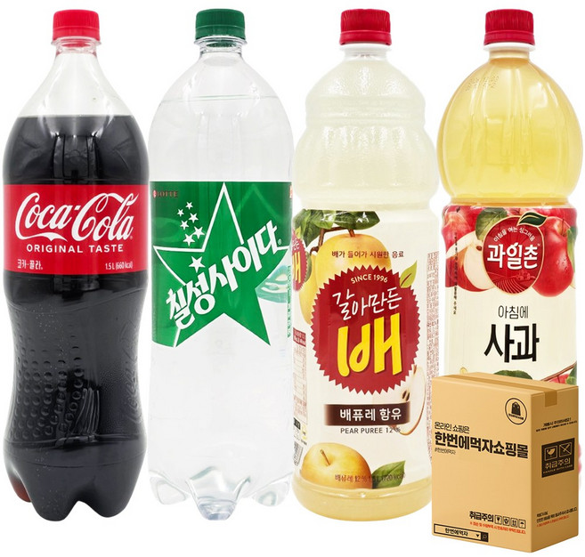 [한번에먹자] 대용량 인기음료수 탄산 + 과즙 혼합세트 1.5L x 4종 ( 코카콜라 + 칠성사이다 + 과일촌 아침에 사과 + 갈아만든배 ) 사무실음료 가정용 업소용 식자재 탕비실, 4개