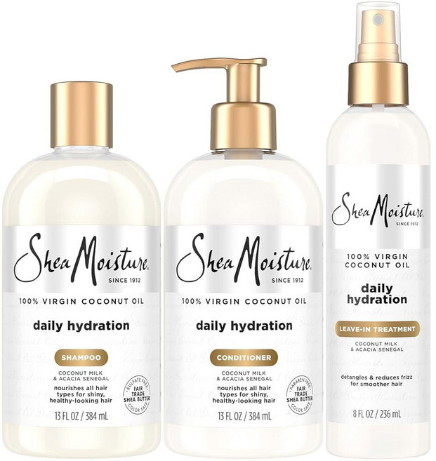 SheaMoisture 샴푸 & 컨디셔너 + 리브인 트리트먼트 코코넛 오일이 함유된 데일리 수분 공급 헤어 디탱글러 곱슬머리 컨트롤 동물 실험 없음 (3피스 세트), SheaMoisture 샴푸 & 컨디셔너 + 리브인 트