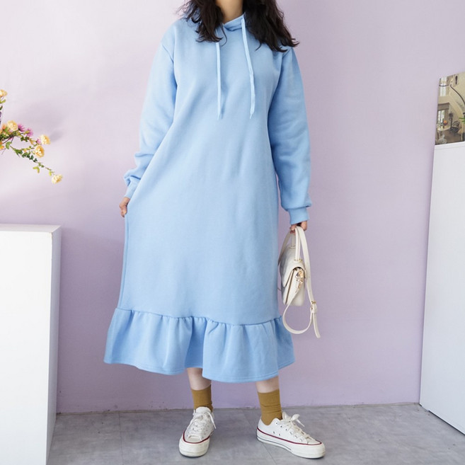 빅걸스토리 빅사이즈 스트링 후드 밑단프릴 기모 롱원피스