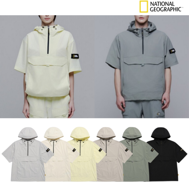 국내매장판 내셔널지오그래픽 반팔 아노락 남여공용 경량 우븐 후드 아웃도어 스포츠 트레이닝 상의