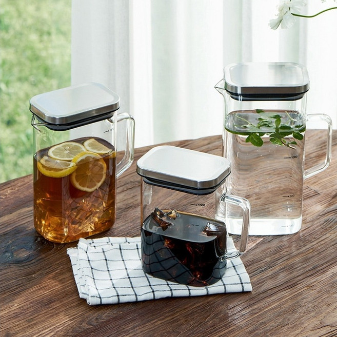 KR리빙 냉장고물병 스텐뚜껑 내열유리 손잡이 물병 (사각), 투명, 1.3L, 1개