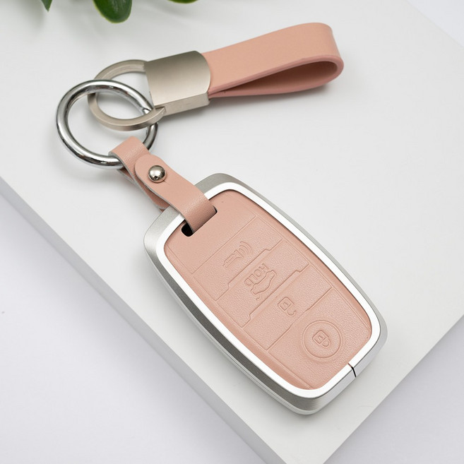 기아 모닝 레이 K3 쏘렌토 스포티지 카니발 호환 나노스트랩 천연소가죽 유심케이스 스마트 키 키링 키홀더, 4버튼(U17_KH12), 실버핑크