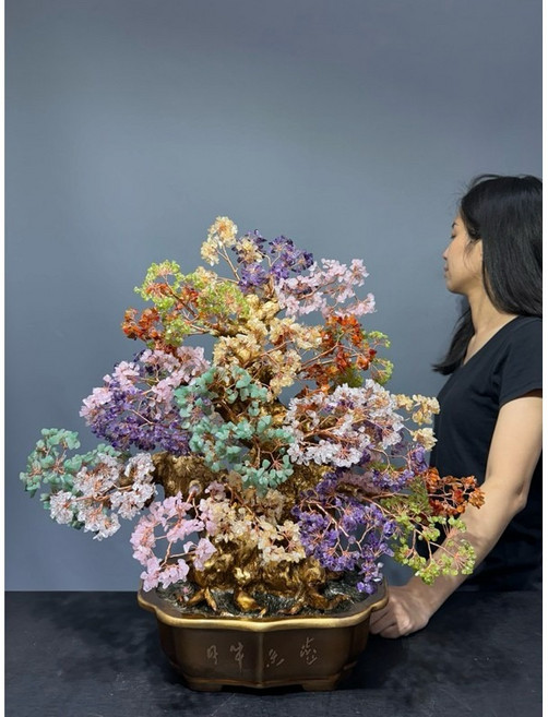 手工水晶花樹盆栽七彩寶石招財風水裝飾藝術品, 五色