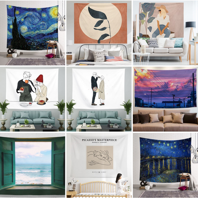 하주글로벌 31종 대형 패브릭 포스터 태피스트리 감성 인테리어 소품 벽장식 배전함 가리개 명화 피카소 명화 테피스트리 차박 커튼, 24.해변의 고깃배