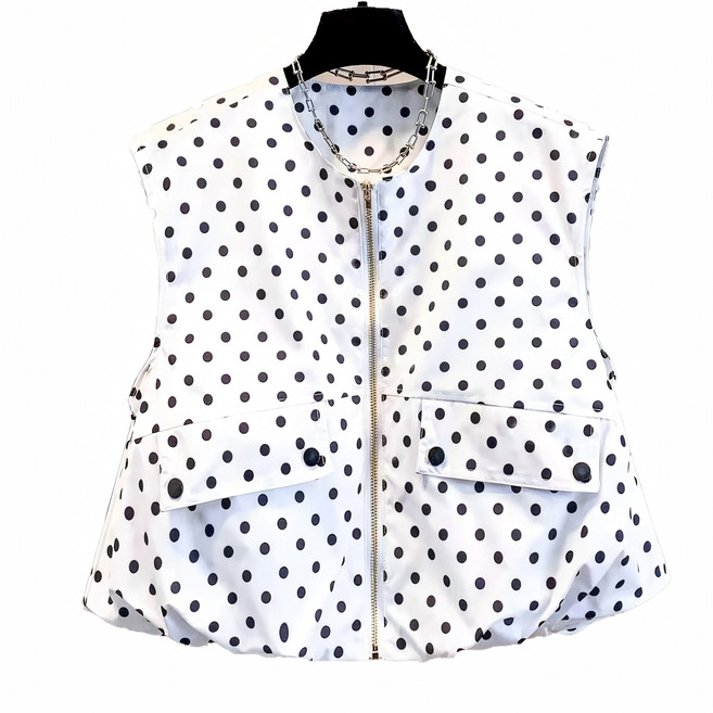 여성 민소매 블랙 앤 화이트 도트 루즈핏 캐주얼 집업 포켓 재킷