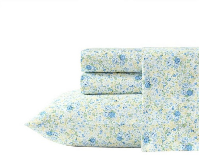 Laura Ashley Home 새틴 컬렉션 침대 시트 세트 실크처럼, Rowena Blue