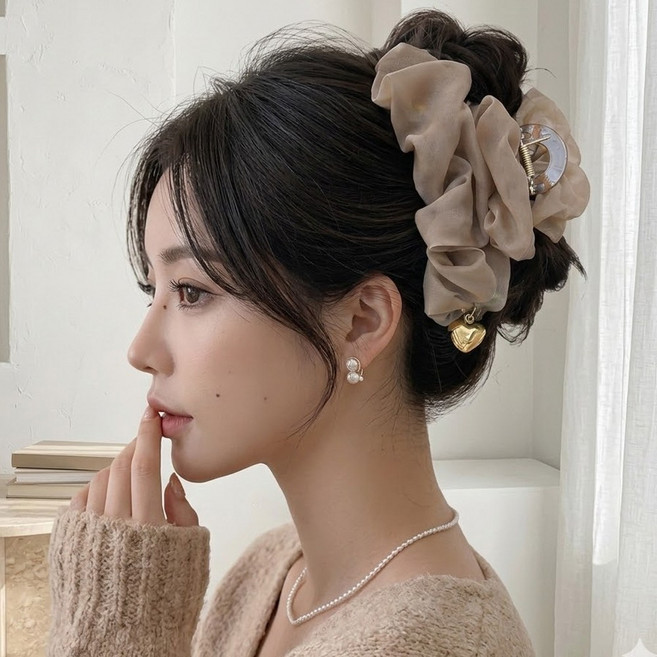 [MSMULTIVERSE] 심쿵템 하트 포인트 쉬폰 헤어 반묶음 올림머리 헤어핀 집게핀