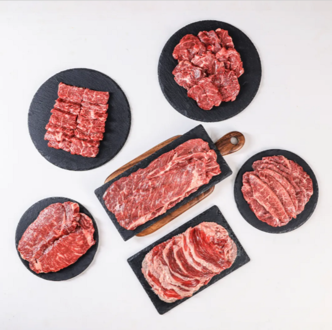 미트브라더스 투뿔 1++ No.8 구이용 세트 1.2kg 프리미엄 암소한우 꽃등심 채끝살 차돌박이 보섭살 설깃살 제비추리, 1세트