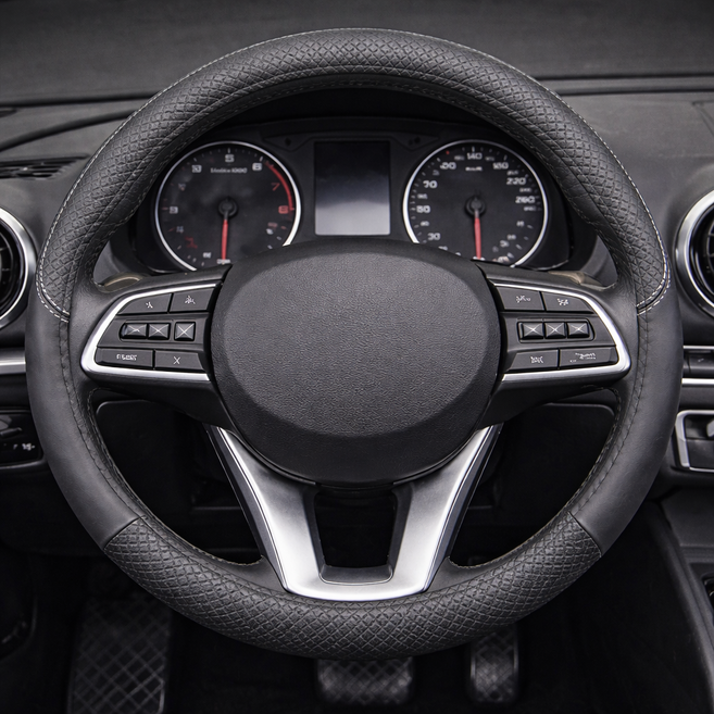 블루S 자동차 핸들커버 고급가죽 핸들커버 사계절용 전차종 자동차용품, 블랙