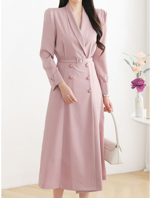 모리스커밍홈 숄카라 더블버튼 벨티드 원피스 M2602OP617A