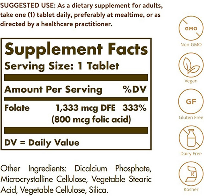 솔가 엽산 (메타폴린) 800 mcg 100타블렛, 6개, 100정