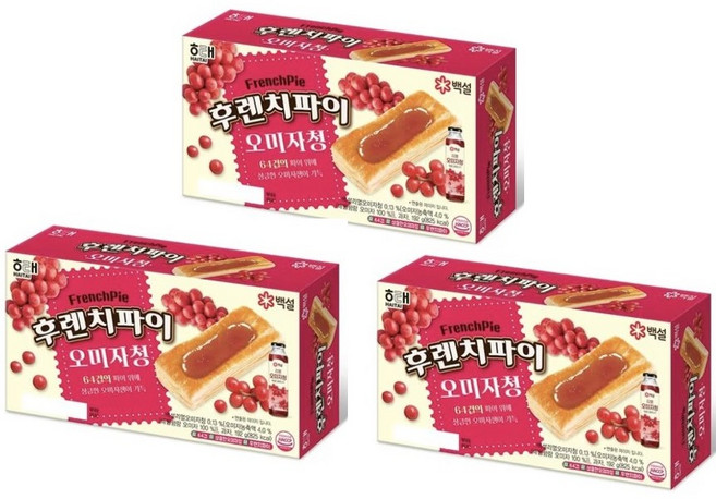 64겹의 파이위에 상큼한 오미자쨈이 가득 해태 후렌치파이 오미자청 (사탕증정), 3개, 192g