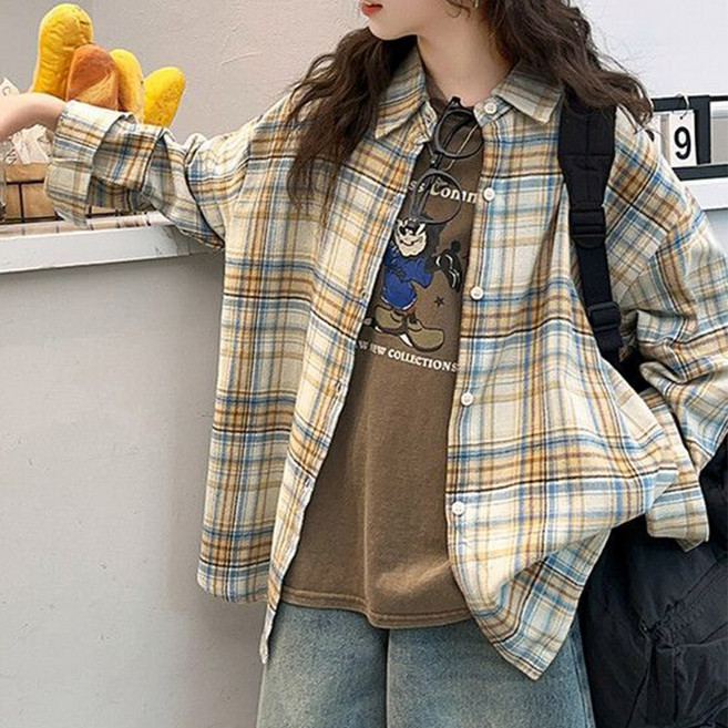 besteffie 여아 체크 셔츠 캐주얼 루즈핏 긴팔 아동 학생용 데일리 간절기 출입 편한 스타일 14세 이상