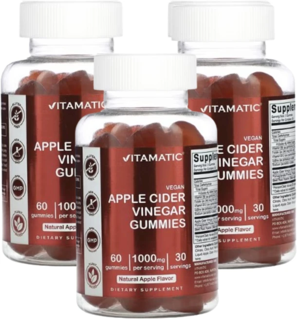 Vitamatic 비건 사과 식초 천연 사과 맛 1 000mg 구미젤리 60개(구미젤리 1개당 500mg) 3 SET, 1개 - 쿠팡
