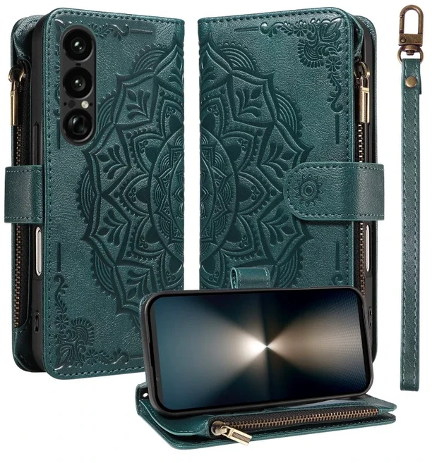 소니 엑스페리아 1 VIII 10 5 V III용 가죽 지퍼 지갑형 손목 스트랩 폰 케이스패턴 카드 홀더 커버, 02 Sony Xperia 10 VI, 01 Green