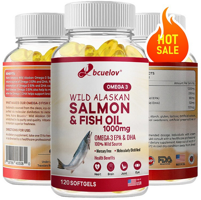 야생 알래스카 연어유 - 퓨어 오메가3 에파다 지방산 - 관절기능 뇌 눈 면역체계 심장건강 지원, 2개, 60회분