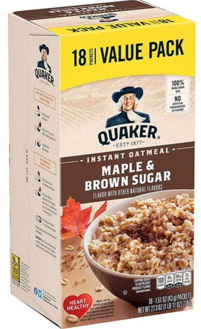 Quaker 퀘이커 인스턴트 오트밀 메이플 앤 브라운 슈가 43g x 18팩 100% 홀그레인 귀리