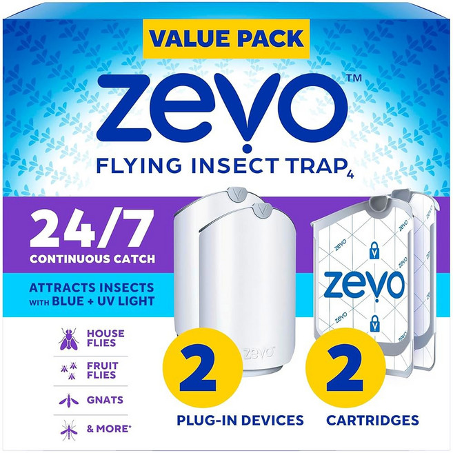 Zevo 플라잉 곤충 트랩 2개와 리필 카트리지 2개 - 파리 및 실내 벌레잡이 플러그인 날벌레 집파리 과일파리 블루 UV 라이트 기술 벌레 재퍼의 잡동사니 없는 대안, 2 Devices & 2 Cartridges