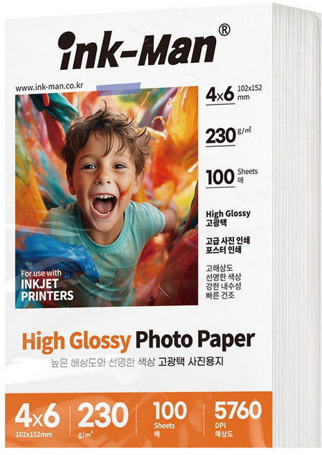 잉크맨 고광택 사진 인화지 포토페이퍼 포토용지 230g, 1개, 4X6, 100매