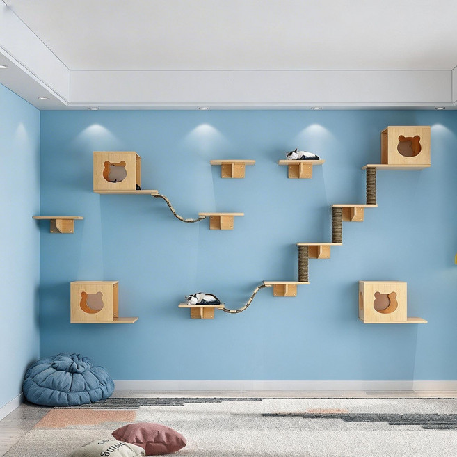 貓咪空中走廊貓爬架 墻上壁掛式木質跳臺, 1個, 四窩八臺兩梯三柱臥室【多貓家庭必備】