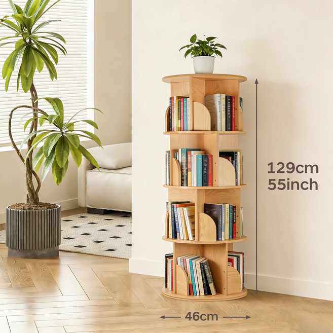 Paradoma 회전 책장 책꽂이 360도 대용량 거실책장 서재 원형 책장, 오크, 4단