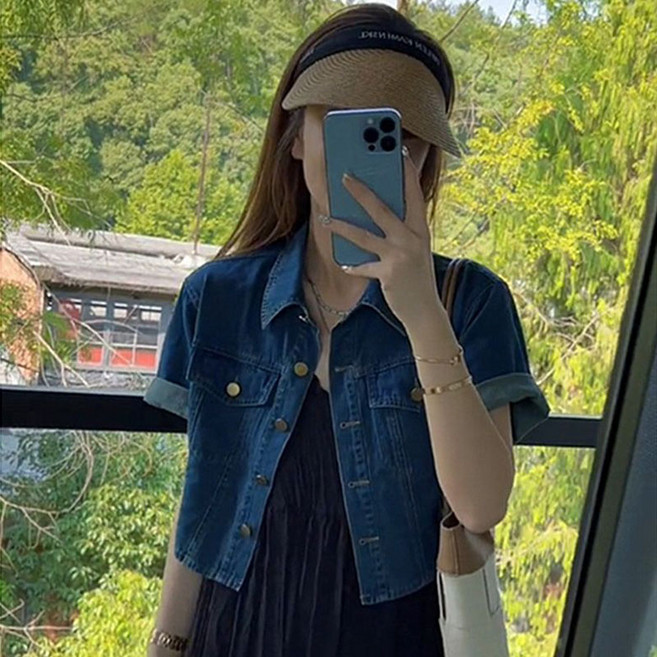 아우터 데님 코트 봄 여름 반팔 캐주얼 셔츠 크롭 반팔셔츠 짧은 상의 숏 자켓 남방 WAWAMIYA