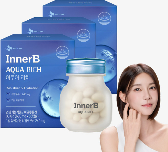 CJ 이너비 아쿠아리치 고함량 히알루론산 피부 건강, 56정, 3개